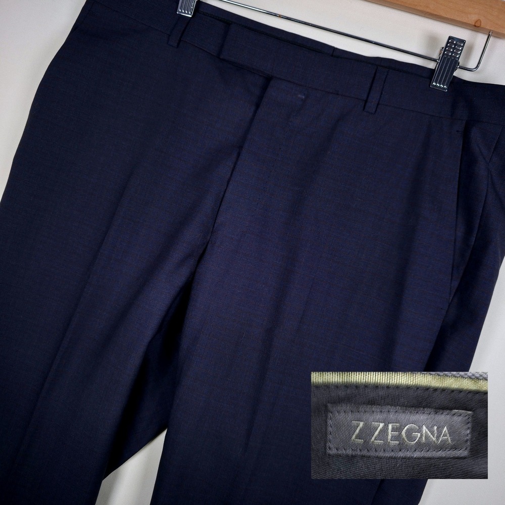 Z Zegna Wool Dress Trousers Mens 36x32 Navy Blue Red Check Flat Front
